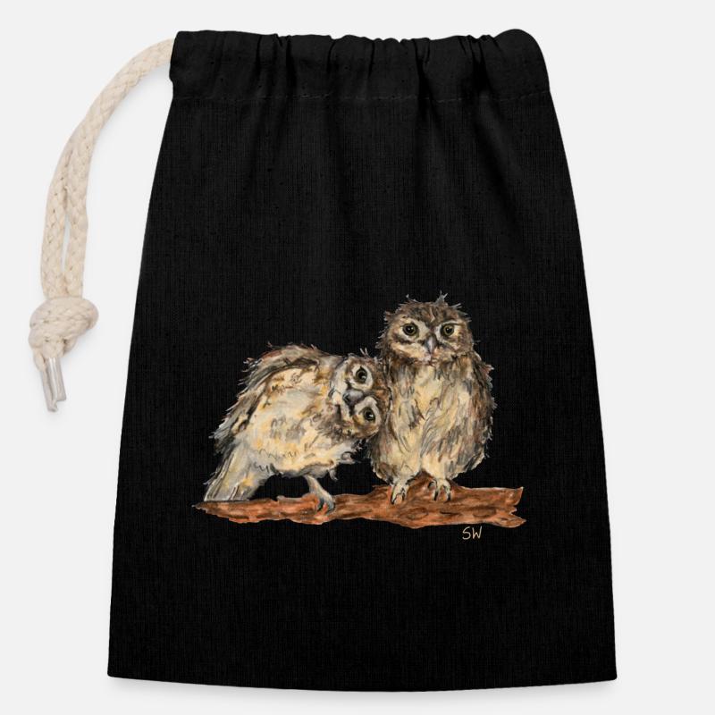 Eulen - Verschließbarer Geschenkbeutel aus Baumwolle (14x20cm) - Schwarz