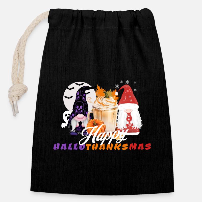Joyeux Hallothanksmas - Sac cadeau en coton avec cordon (14 x 20 cm) - noir