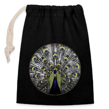 Peacock in woodcut look - Closable cotton gift bag (14x20cm) - black - Front