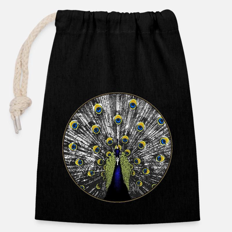 Paon à l’aspect de gravure sur bois - Sac cadeau en coton avec cordon (14 x 20 cm) - noir
