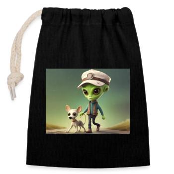 süßes kleines grünes Retro-Alien nimmt den Hund raus - Verschließbarer Geschenkbeutel aus Baumwolle (14x20cm) - Schwarz - Vorne