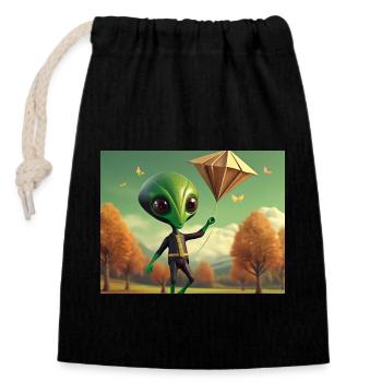 niedlich klein grün retro vintage alien fliegen einen drachen fliegen - Verschließbarer Geschenkbeutel aus Baumwolle (14x20cm) - Schwarz - Vorne