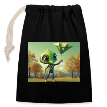 cute little green retro vintage alien fly a kite - Closable cotton gift bag (14x20cm) - black - Front