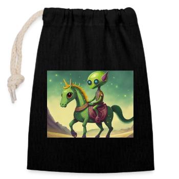 mignon petit extraterrestre rétro vert chevauchant un cheval - Sac cadeau en coton avec cordon (14 x 20 cm) - noir - Devant
