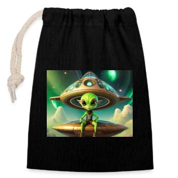 mignon petit extraterrestre rétro vintage vert volant un OVNI - Sac cadeau en coton avec cordon (14 x 20 cm) - noir - Devant