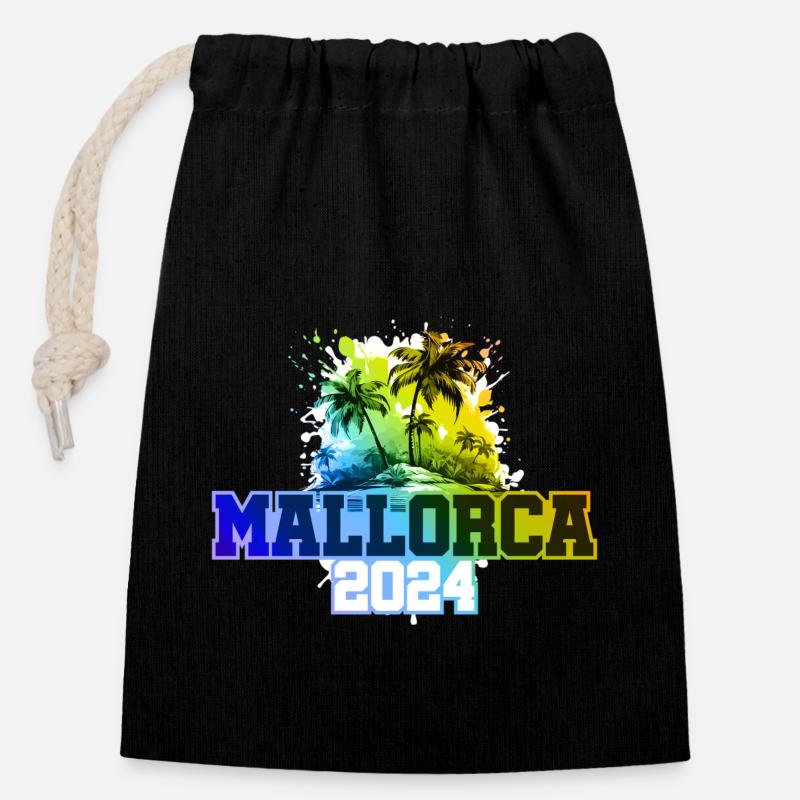 Mallorca 2024 Urlaub Palmen Bunt - Verschließbarer Geschenkbeutel aus Baumwolle (14x20cm) - Schwarz