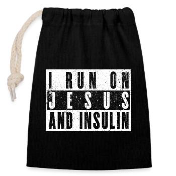Humorous Gift: I Run On Jesus & Insulin - Closable cotton gift bag (14x20cm) - black - Front