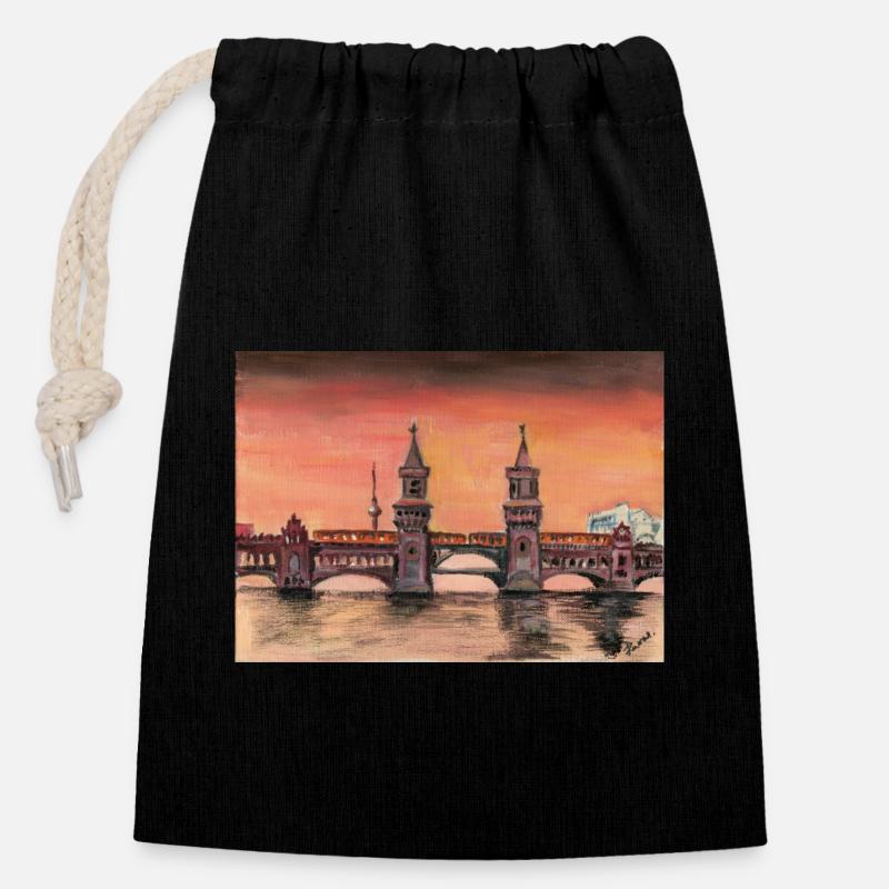 Oberbaum Bridge - Closable cotton gift bag (14x20cm) - black