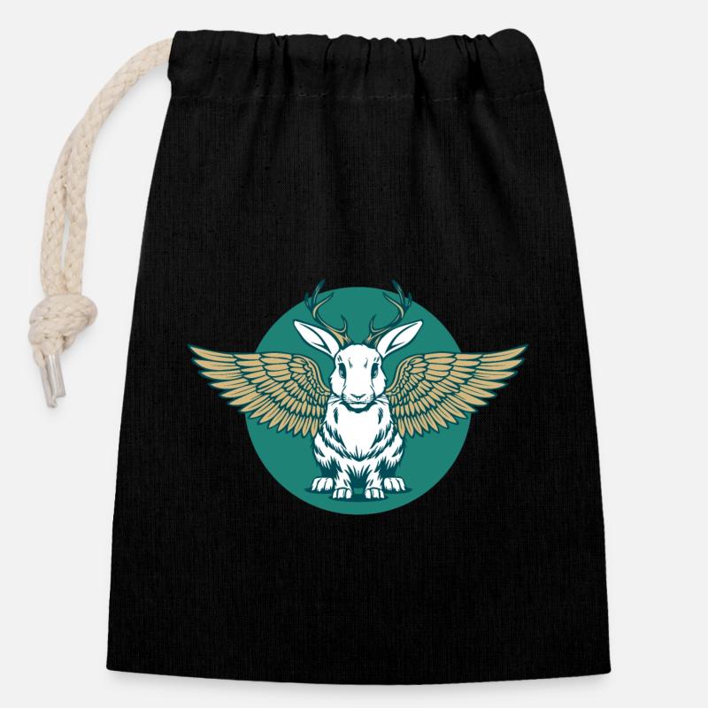 Wolpertinger with golden wings in a circle - Closable cotton gift bag (14x20cm) - black