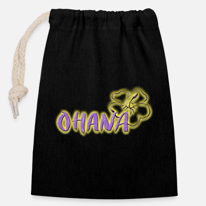 Ohana Fleurs d’hibiscus Logo violet fluo - Sac cadeau en coton avec cordon (14 x 20 cm) - noir