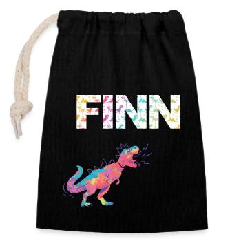 FINN - Schöner Jungen Name mit Dinosaurier - Verschließbarer Geschenkbeutel aus Baumwolle (14x20cm) - Schwarz - Vorne