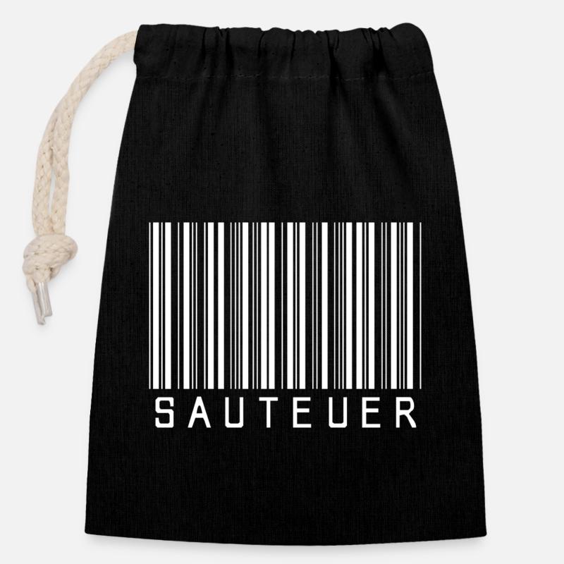 Strichcode "SAUTEUER" weiß - Verschließbarer Geschenkbeutel aus Baumwolle (14x20cm) - Schwarz