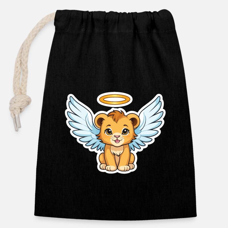Lion Bébé Ange – Doux et Céleste - Sac cadeau en coton avec cordon (14 x 20 cm) - noir