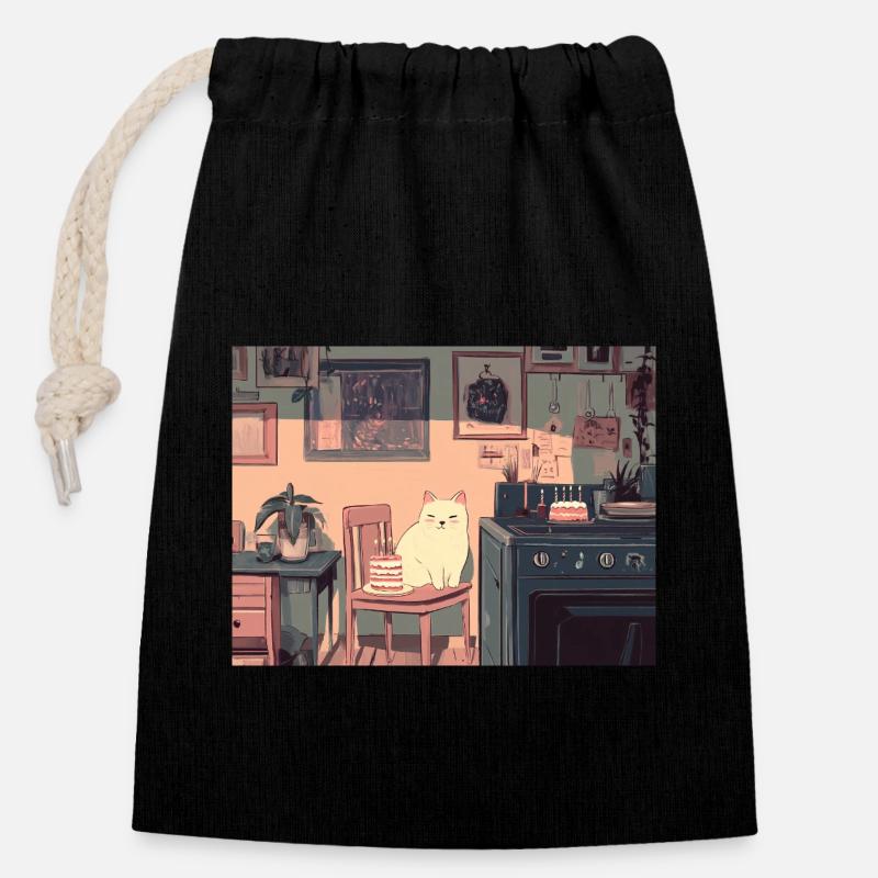 Happy Birthday cat - Closable cotton gift bag (14x20cm) - black