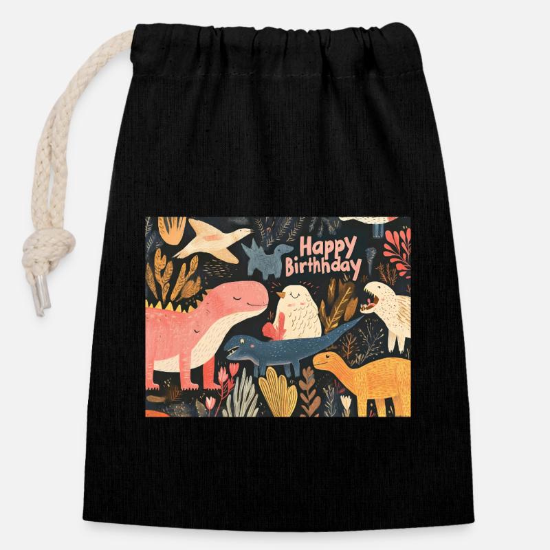 Happy Birthday Dino - Closable cotton gift bag (14x20cm) - black