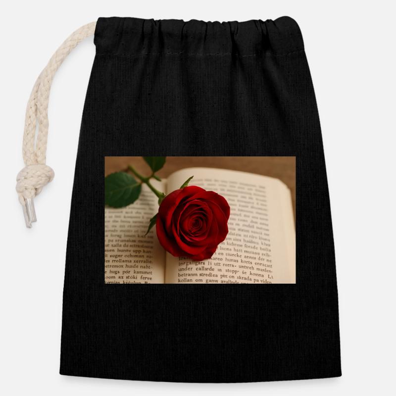 Book and rose - Closable cotton gift bag (14x20cm) - black