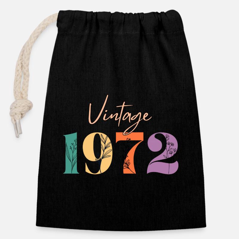 Vintage 1972 florale - Sac cadeau en coton avec cordon (14 x 20 cm) - noir