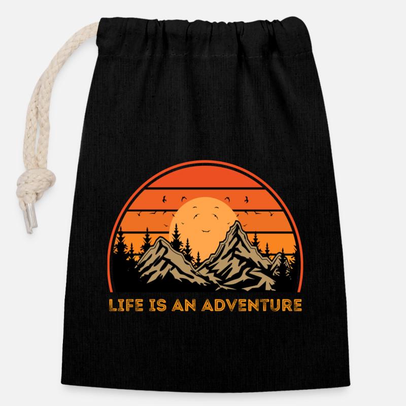 La vie est une aventure - Sac cadeau en coton avec cordon (14 x 20 cm) - noir