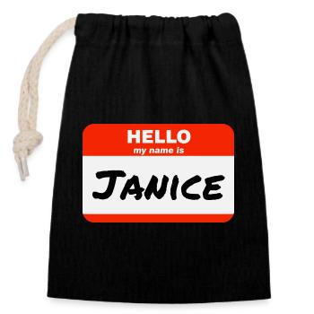 Bonjour, je m’appelle Janice Étiquette Étiquette Étiquette - Sac cadeau en coton avec cordon (14 x 20 cm) - noir - Devant