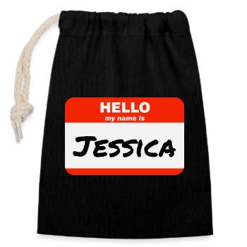 Bonjour, je m’appelle Jessica Étiquette Étiquette Étiquette - Sac cadeau en coton avec cordon (14 x 20 cm) - noir - Devant