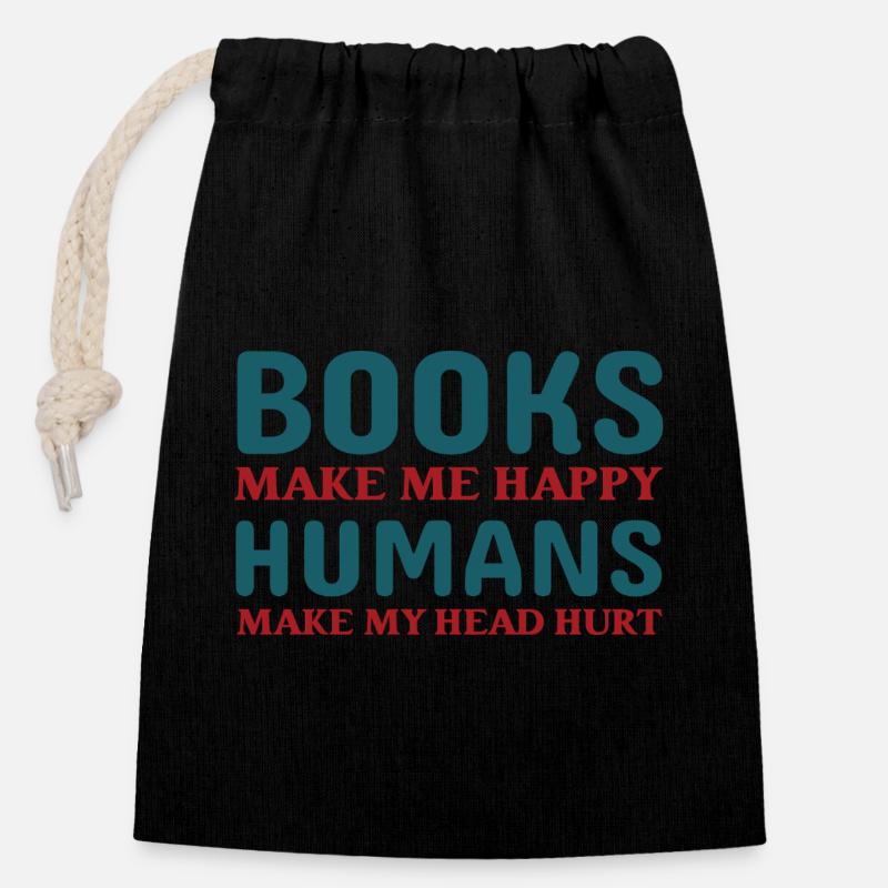 Books make me happy - Closable cotton gift bag (14x20cm) - black