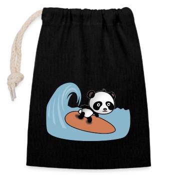 Panda Surfer reitet die Welle - Comic Style Motiv - Verschließbarer Geschenkbeutel aus Baumwolle (14x20cm) - Schwarz - Vorne