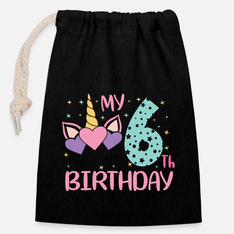6.Anniversaire Visage de Licorne - Sac cadeau en coton avec cordon (14 x 20 cm) - noir