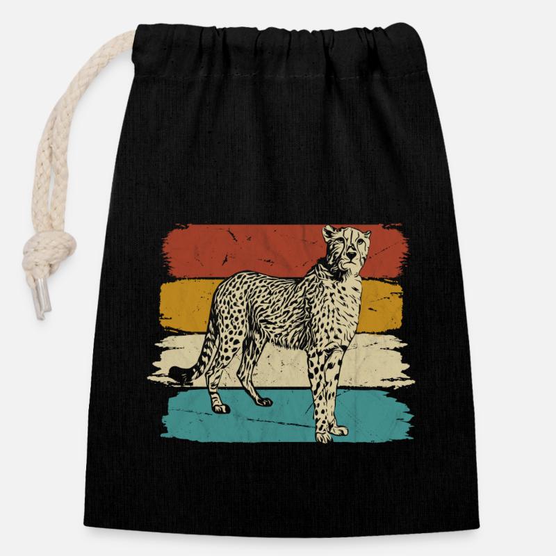 Guépard faune rétro - Sac cadeau en coton avec cordon (14 x 20 cm) - noir