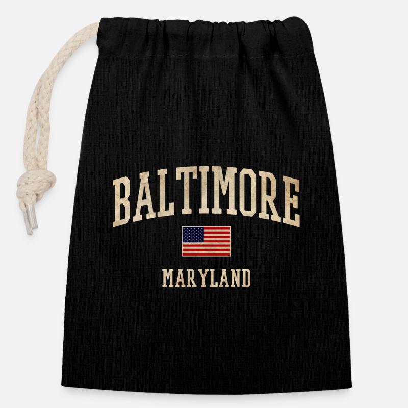 Style du drapeau vintage de Baltimore - Sac cadeau en coton avec cordon (14 x 20 cm) - noir