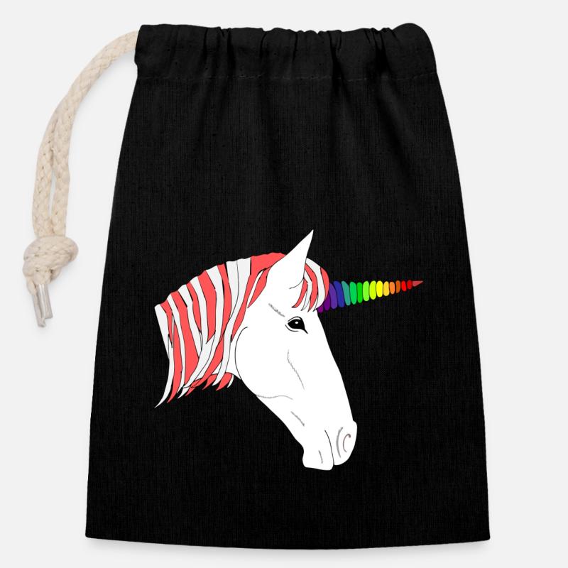 Licorne arc-en-ciel - Sac cadeau en coton avec cordon (14 x 20 cm) - noir