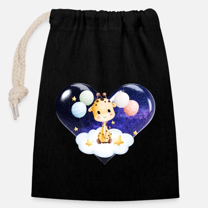Bébé girafe avec nuage étoiles ballons et coeur - Sac cadeau en coton avec cordon (14 x 20 cm) - noir