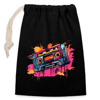 Kassetten Design der 80er & 90er Jahre Musik Motiv - Verschließbarer Geschenkbeutel aus Baumwolle (14x20cm) - Schwarz - Vorne