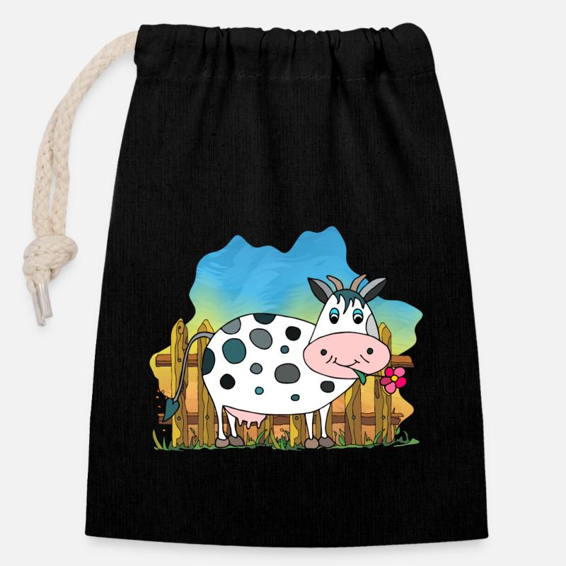 Vache - Sac cadeau en coton avec cordon (14 x 20 cm) - noir