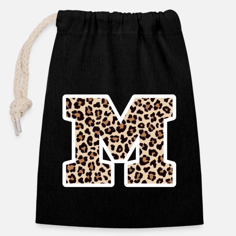 lettre M motif léopard -idée cadeau d’anniversaire - Sac cadeau en coton avec cordon (14 x 20 cm) - noir