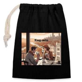 Café avec vue sur la ville. Restez calme. - Sac cadeau en coton avec cordon (14 x 20 cm) - noir - Devant