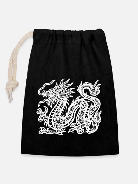 Dragon chinois blanc - Sac cadeau en coton avec cordon (14 x 20 cm) - noir