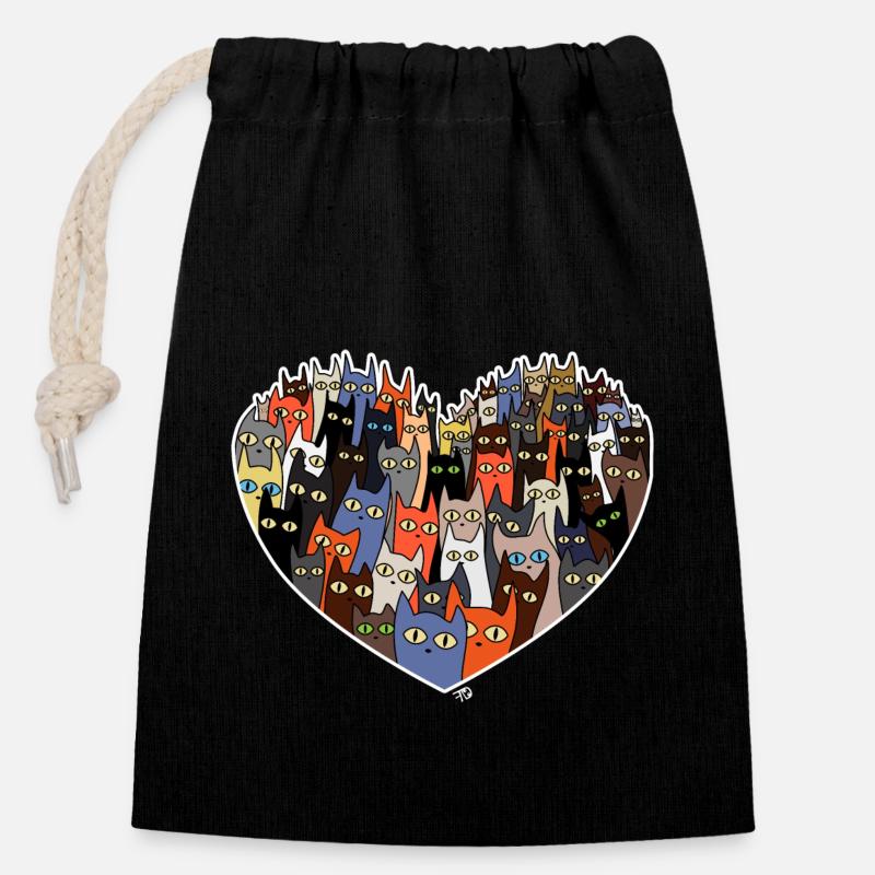 Conception de cœur avec des chats mignons - Sac cadeau en coton avec cordon (14 x 20 cm) - noir