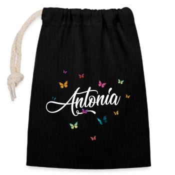 ANTONIA - Mädchen Name mit bunten Schmetterlingen - Verschließbarer Geschenkbeutel aus Baumwolle (14x20cm) - Schwarz - Vorne