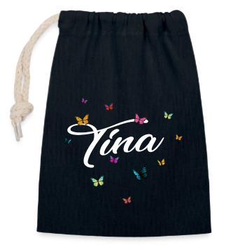 TINA - Girl Name with Colorful Butterflies - Closable cotton gift bag (14x20cm) - navy - Front