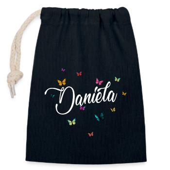 DANIELA - Mädchen Name mit bunten Schmetterlingen - Verschließbarer Geschenkbeutel aus Baumwolle (14x20cm) - Navy - Vorne