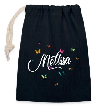 MELISSA - Mädchen Name mit bunten Schmetterlingen - Verschließbarer Geschenkbeutel aus Baumwolle (14x20cm) - Navy - Vorne