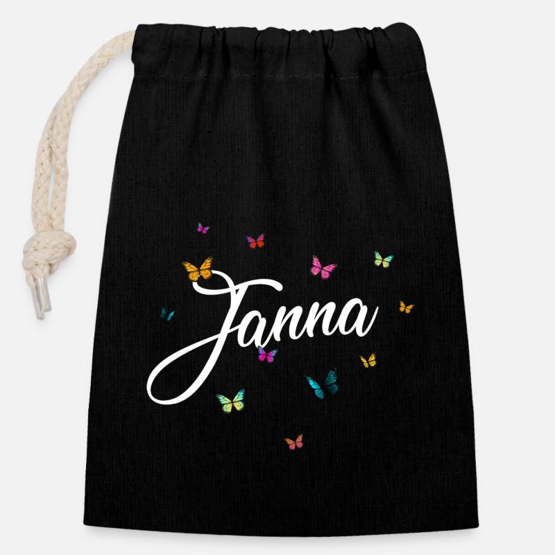 JANNA - Mädchen Name mit bunten Schmetterlingen - Verschließbarer Geschenkbeutel aus Baumwolle (14x20cm) - Schwarz