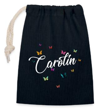 CAROLIN - Mädchen Name mit bunten Schmetterlingen - Verschließbarer Geschenkbeutel aus Baumwolle (14x20cm) - Navy - Vorne