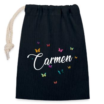 CARMEN - Prénom de fille avec des papillons colorés - Sac cadeau en coton avec cordon (14 x 20 cm) - bleu marine - Devant
