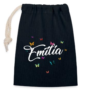 EMILIA - Nom de fille avec des papillons colorés - Sac cadeau en coton avec cordon (14 x 20 cm) - bleu marine - Devant