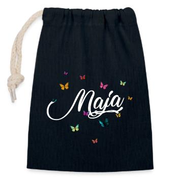 MAJA - Mädchen Name mit bunten Schmetterlingen - Verschließbarer Geschenkbeutel aus Baumwolle (14x20cm) - Navy - Vorne