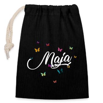 MAJA - Mädchen Name mit bunten Schmetterlingen - Verschließbarer Geschenkbeutel aus Baumwolle (14x20cm) - Schwarz - Vorne