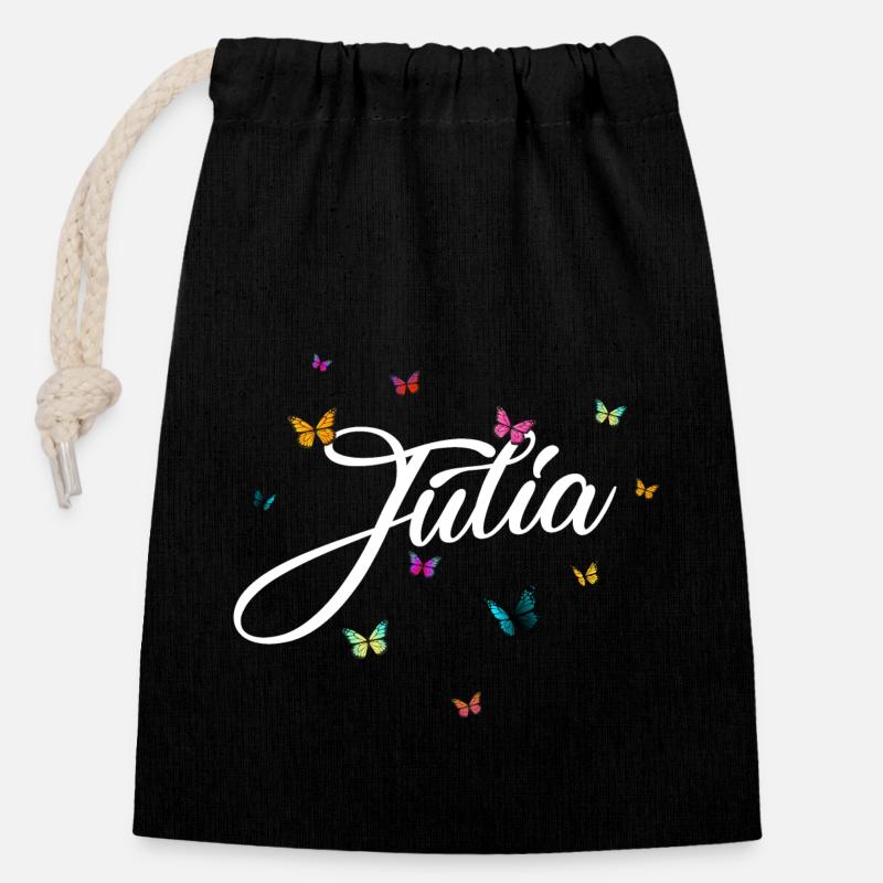 JULIA - Mädchen Name mit bunten Schmetterlingen - Verschließbarer Geschenkbeutel aus Baumwolle (14x20cm) - Schwarz