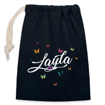 LAYLA - Mädchen Name mit bunten Schmetterlingen - Verschließbarer Geschenkbeutel aus Baumwolle (14x20cm) - Navy - Vorne
