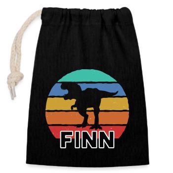 FINN - Schöner Jungen Name mit Dinosaurier - Verschließbarer Geschenkbeutel aus Baumwolle (14x20cm) - Schwarz - Vorne